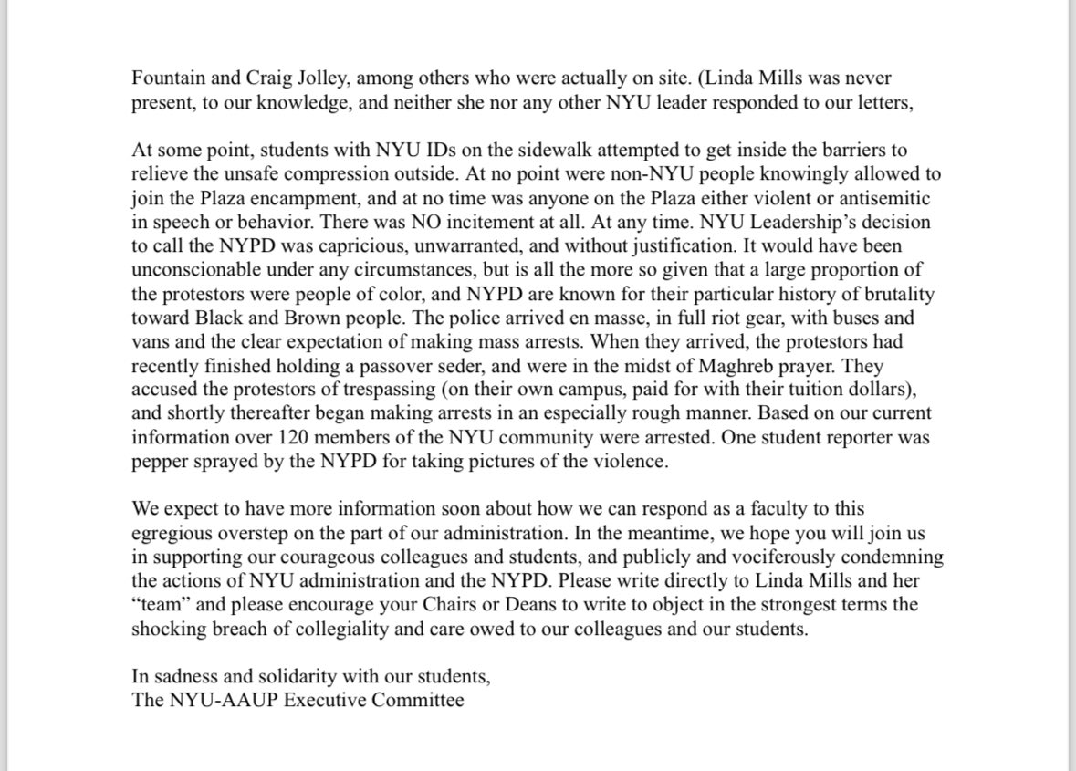 taliaotg's tweet image. Statement from faculty via the American Association of University Professors in response to NYU’s statement on the use of violent police response to disperse the Gaza Solidarity Encampment, detailing how an outsized NYPD response caused safety problems — not the students.