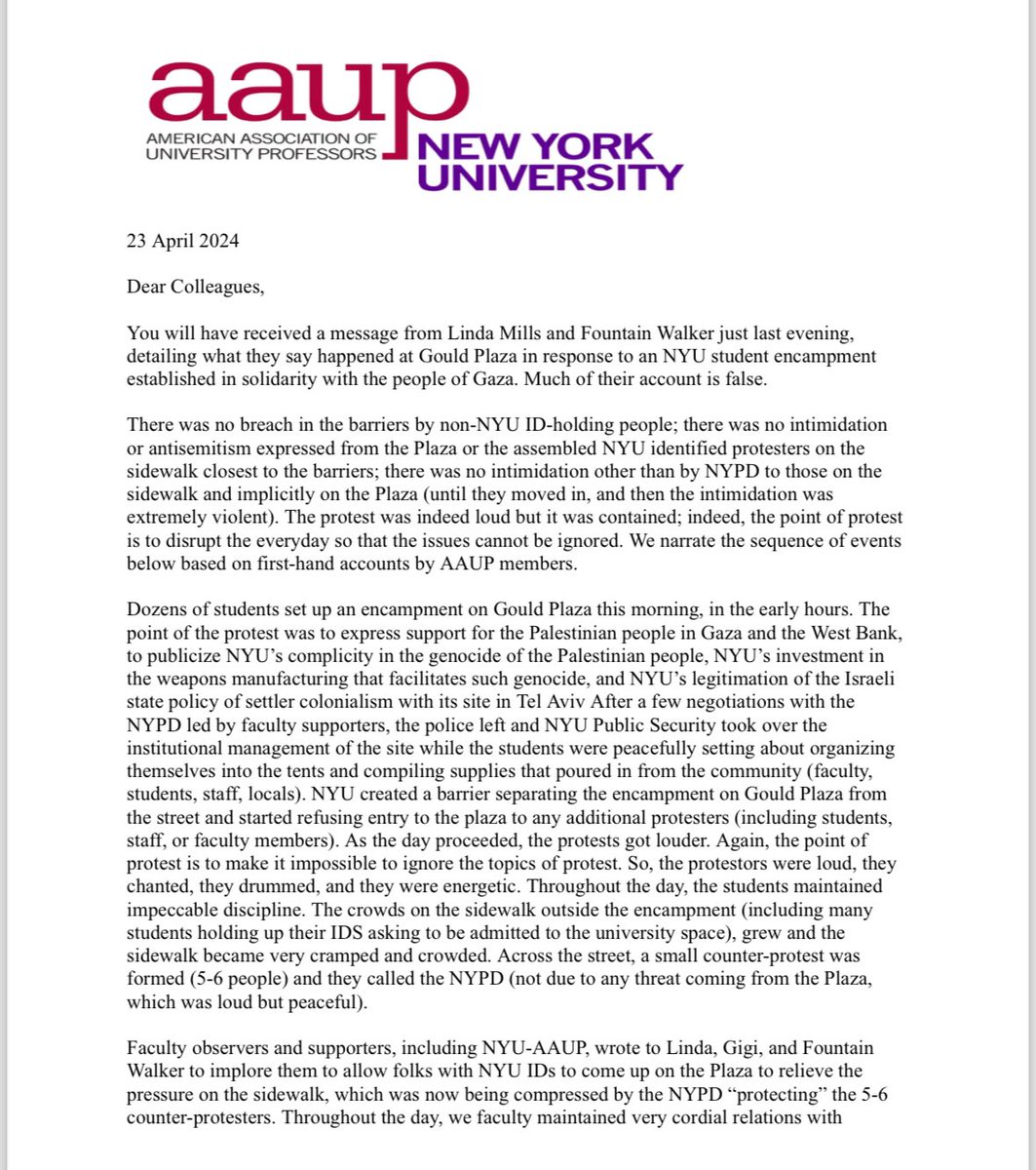taliaotg's tweet image. Statement from faculty via the American Association of University Professors in response to NYU’s statement on the use of violent police response to disperse the Gaza Solidarity Encampment, detailing how an outsized NYPD response caused safety problems — not the students.