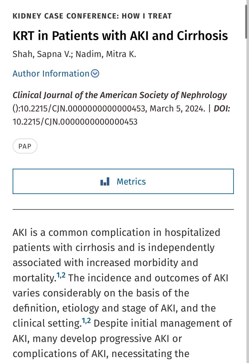 🫘Dialysis in setting of Cirrhosis +AKI

👍Indications (In Liver transplant candidate)

⚡️Volume overload 
⚡️Severe Hyponatremia in Cirrhosis+AKI

👏Creatinine underestimate renal dysfunction in CLD-Due to sarcopenia

journals.lww.com/cjasn/fulltext…

@CJASN