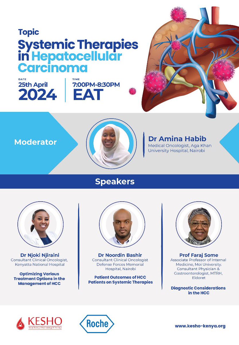 Join KESHO this Thursday, 25th April 2024 from 7pm EAT for an online webinar discussing ‘Systemic Therapies in Hepatocellular Carcinoma.’ Guest speakers for this session are: Dr Njoki Njiraini, Dr. Noordin Bashir and Prof Faraj Some. Click the link shared to register-: