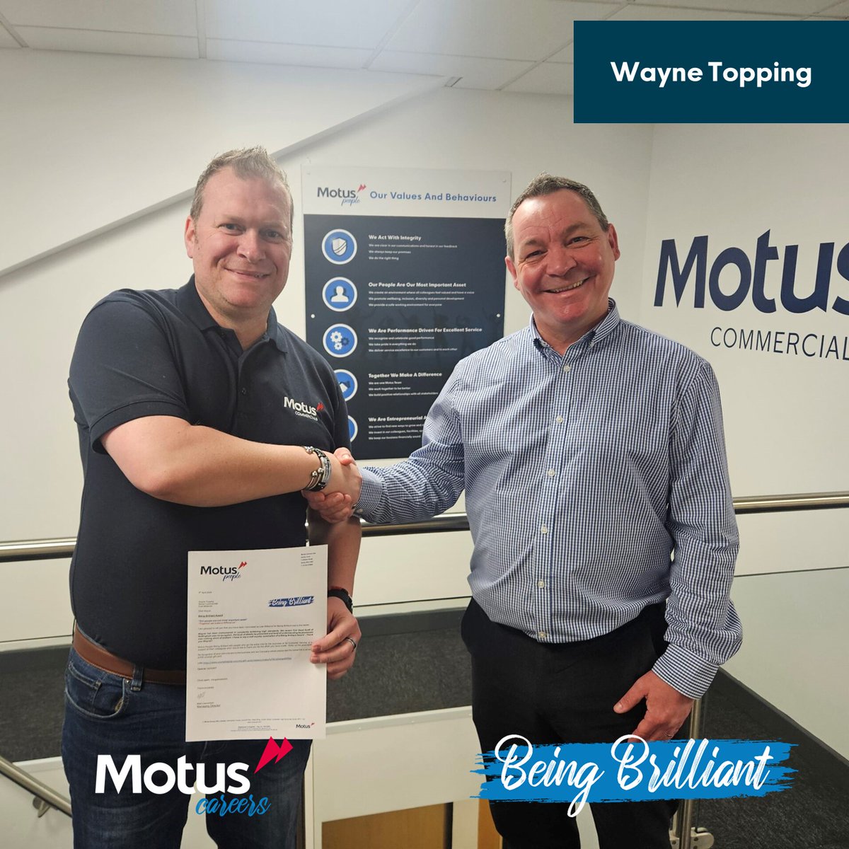 You've been BRILLIANT! 🌟

 Wayne was nominated by Lee Williams, Head of service, and presented his award by regional director, Wayne Staley.

Congratulations, we're so proud of all your hard work! 👏

#TalentTuesday #BeingBrilliant #Congratulations #MotusPeople #MotusCommercials