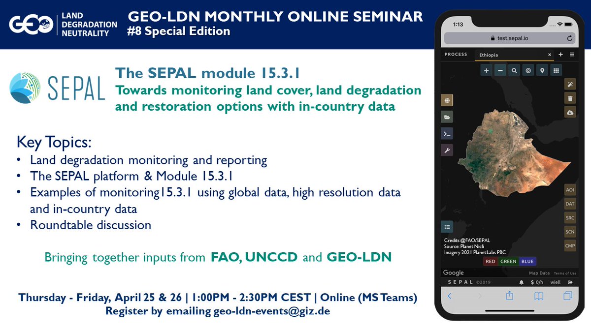 🛰 Dont miss out on this 'Capacity Development Opportunity' on the SEPAL tool by #FAO 🌳 Register now by email geo-ldn-events@giz.de 📨 #UNited4Land #SEPAL #capacitydevelopment #training @FAO @FAOForestry @UNCCD @OpenForis