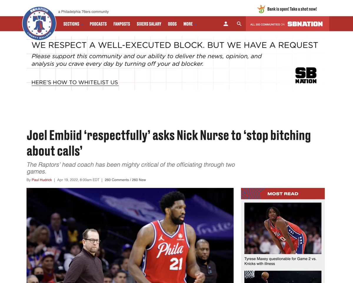 TommyBeer's tweet photo. "I told him, respectfully, I told him to stop bitching about calls." 

Joel Embiid responding to Nick Nurse's complaints about the officiating after Game 2 of Sixers-Raptors first-round series in 2022 https://t.co/x8OdPRfMsA