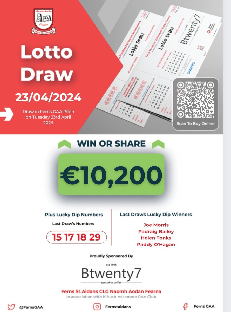 📢 **Get Lucky with Ferns St Aidans GAA Club Lotto proudly sponsored by Btwenty7 Speciality Coffee!** 🍀 🎉 Tonight, our jackpot is a staggering €10, 200! Play using the link below or on the Clubzap app! fernsgaa.clubzap.com/categories/lot…
