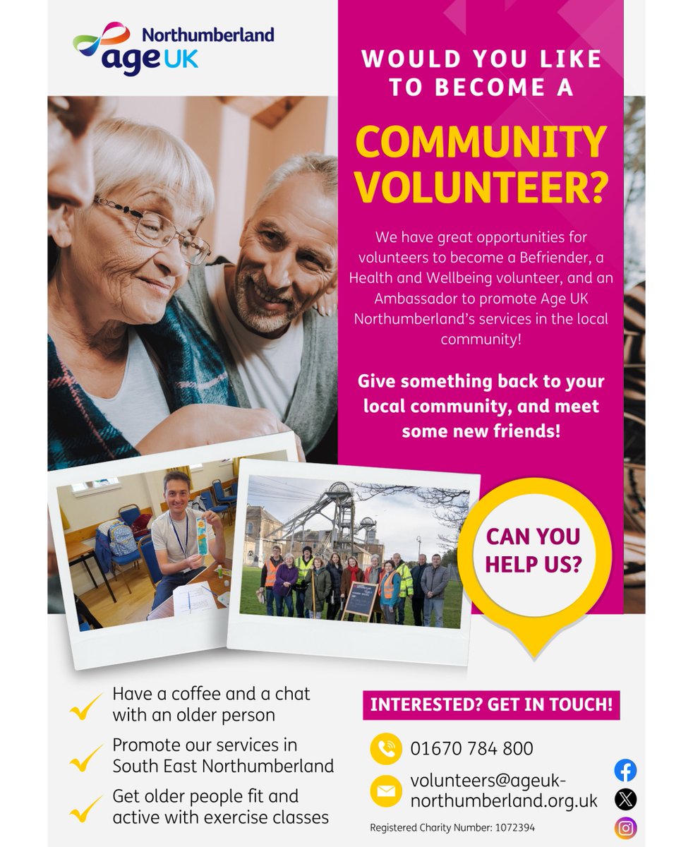 We are looking for people in South East Northumberland to become Volunteer Community Ambassadors, Befrienders and Exercise Instructors. This is a great opportunity to make a difference to older people. Please get in touch if you would be interested in becoming a volunteer!