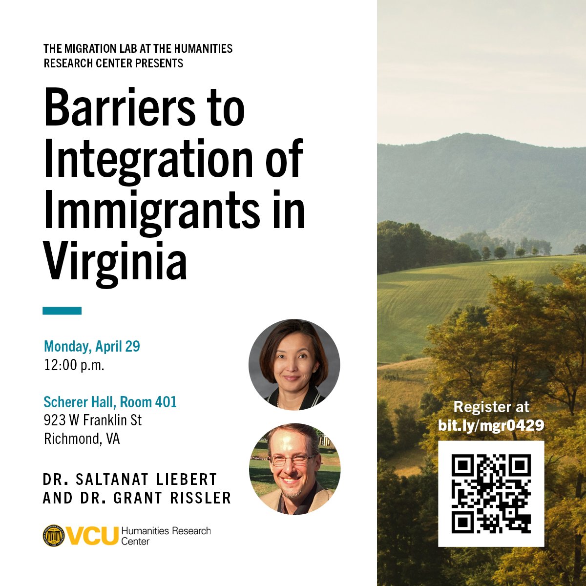 Next Monday, join the Migration Studies Lab at the HRC for a talk discussing the barriers to integration of immigrants in Virginia with Dr. Saltanat Liebert and Dr. Grant Rissler. 🗓️ April 29, 12:00pm 📍 Scherer Hall, Room 401 ⚡️ Register now: bit.ly/mgr0429