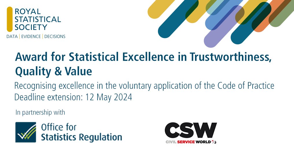 🏆We've extended the deadline for our TQV award - celebrating orgs which go above and beyond by voluntarily applying the Code of Practice to their work Presented with @StatsRegulation & @CSWnews Apply by Sunday 12 May rss.org.uk/training-event…