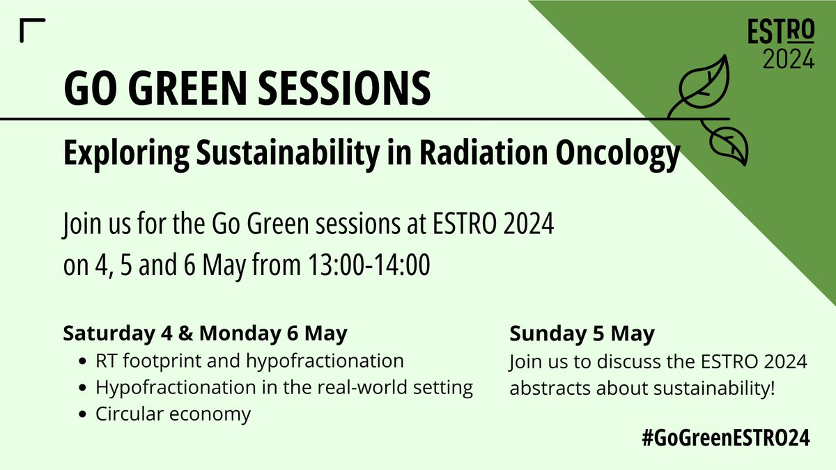 🟢 Let's explore together #sustainability in #radonc at #ESTRO24. Join us for the Go Green sessions: 📅 Saturday 4 May I 13:00 - 14:00 📅 Sunday 5 May I 13:00 - 14:00 📅 Monday 6 May I 13:00 - 14:00 ℹ️ bit.ly/3TyvmAo (scroll down)🌿 #GoGreenESTRO24