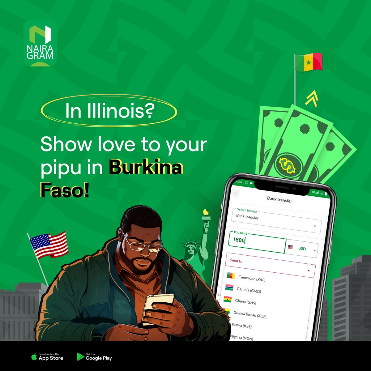 Sending funds home to Burkina Faso and over 30 African countries is super easy and safe with us. 

Remember, we’re available in these US states for transactions that matter across Africa: 

Georgia, Illinois, Maryland, and Minnesota. 

#nairagramllc #moneytransfer #sendmoney