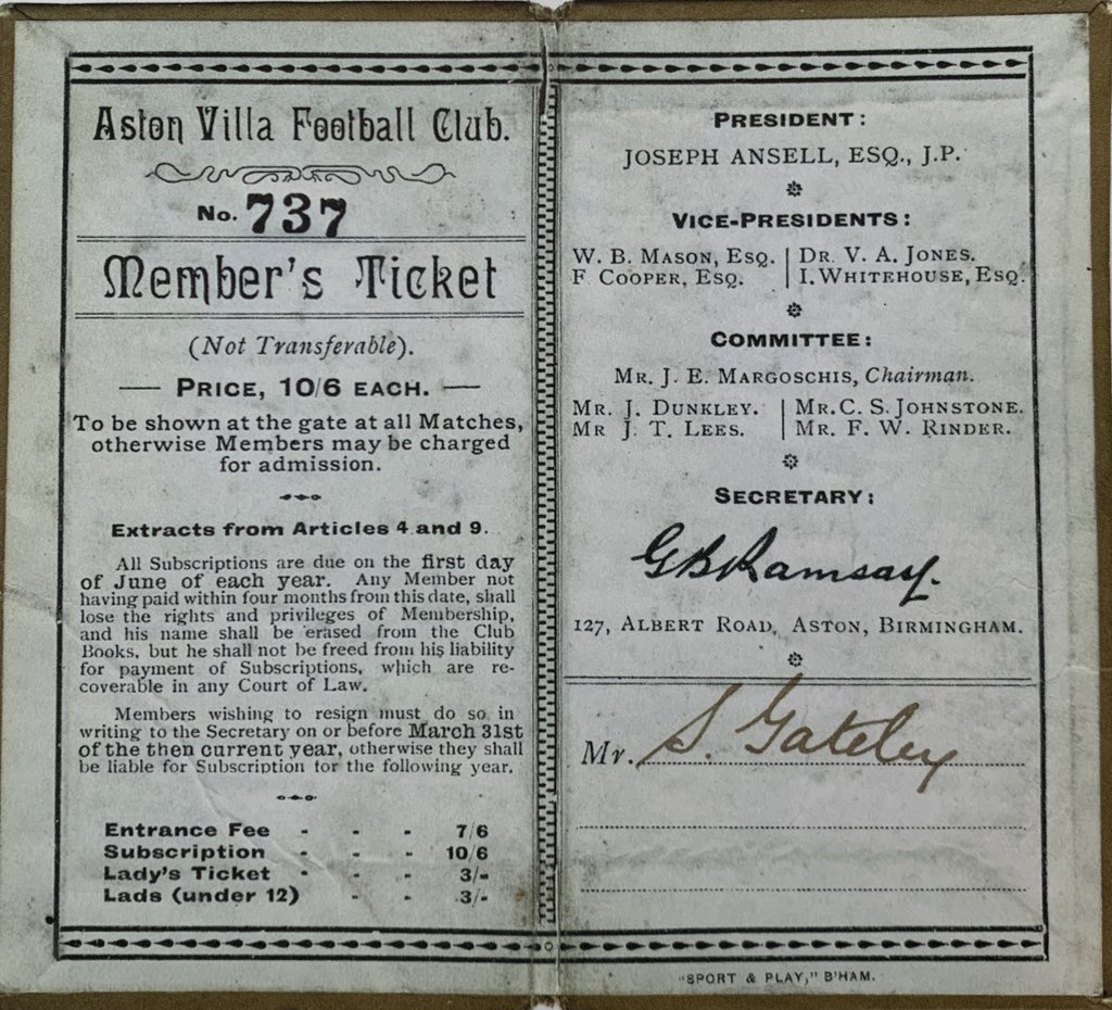 Aston Villa season ticket from 1890 Cost of 10/6