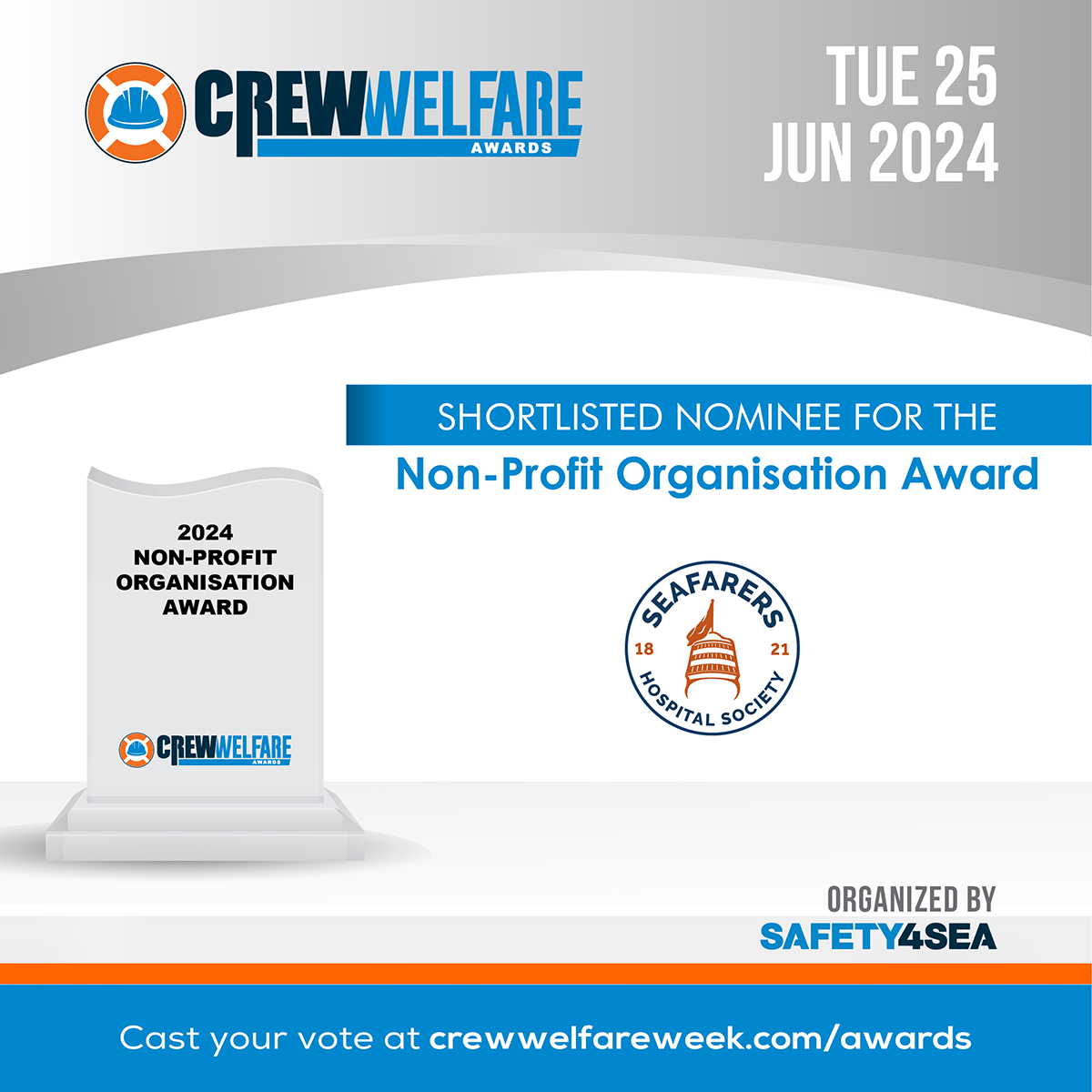 It's awards time!🏆 We've been nominated for the Crew Welfare Non-Profit Organisation Award, for our work establishing a set of ‘Best Practice KPIs’ to help measure the effectiveness of seafarer health and wellbeing initiatives. Vote for us here! 👇 tinyurl.com/yt9xp5j7