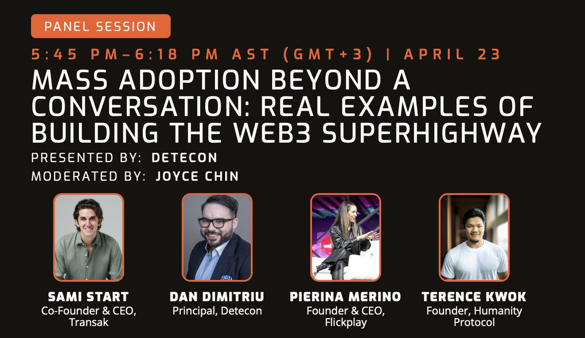Excited for our founder, Terence, to join @SamiStart, @Dan__Dimitriu, @MerinoPierina, and @Joyceyyc today at @NFTLAlive in Riyadh at 5:45 AST to discuss real examples of building the Web3 superhighway! 🚀 From connecting communities to protecting user identity online, Terence