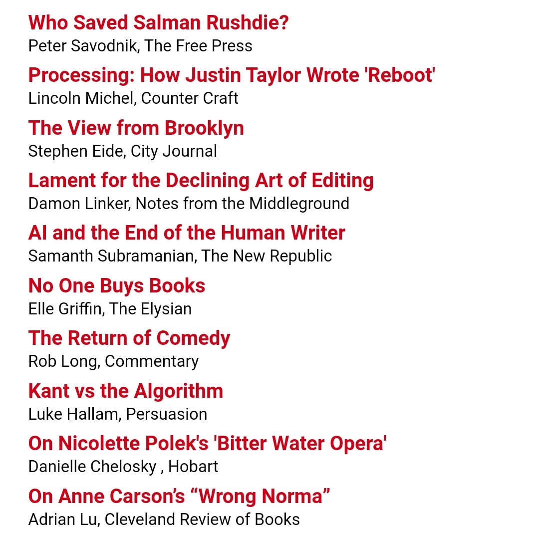 realclearbooks.com Tuesday reads: @petersavodnik for @TheFP, @stephendeide for @CityJournal, @TheLincoln for his S*bstack, @samanth_s for @newrepublic, @rcbl for @Commentary, @DamonLinker for S*bstack, @dniellechelosky for @hobartpulp, and @adrianxuelu for @clereviewbooks.