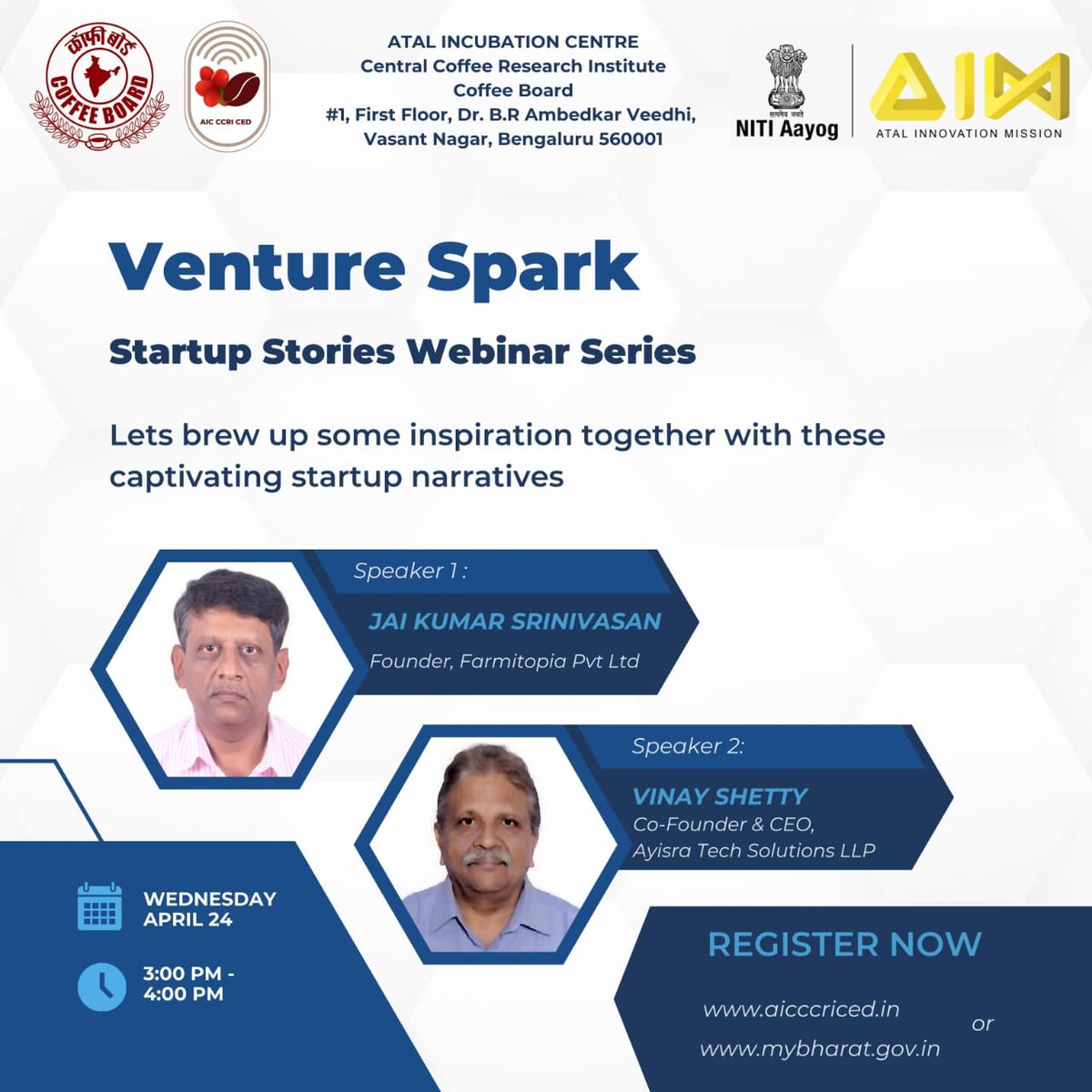 Join the Venture Spark webinar series featuring captivating startup stories in the coffee industry, hosted by AIC-CCRI-CED.  

Meeting link:
coffeeboard.webex.com/coffeeboard/j.…

Meeting number:
2515 367 0966

Meeting password:
vMSk3BVng83

 #venturespark #startupstories #entrepreneurship