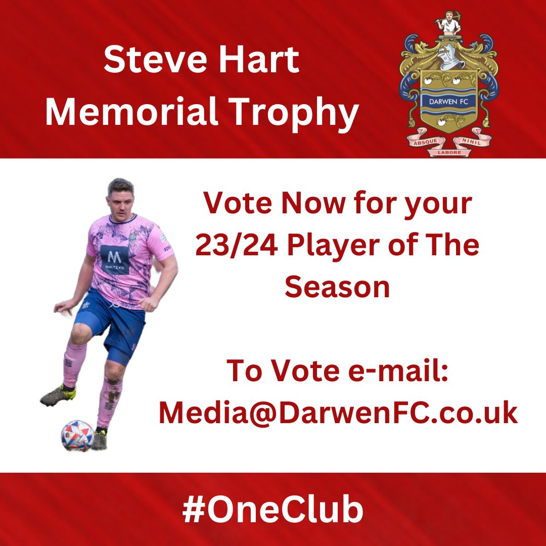 🏆ICYMI - Player of the Season Voting is now open for our 23/24 Player of the Season. To vote e-mail: media@darwenfc.co.uk Vote Closes at 5pm on Friday 26th April. #OneClub 🇦🇹