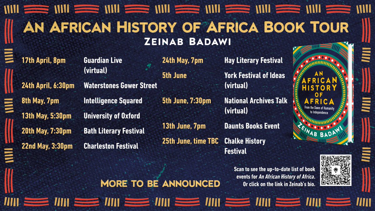 I've got an exciting schedule of book events, with more over the summer to be confirmed. I'm looking forward to sharing An African History of Africa with you, whether that be in person, or online. linktr.ee/anafricanhisto…