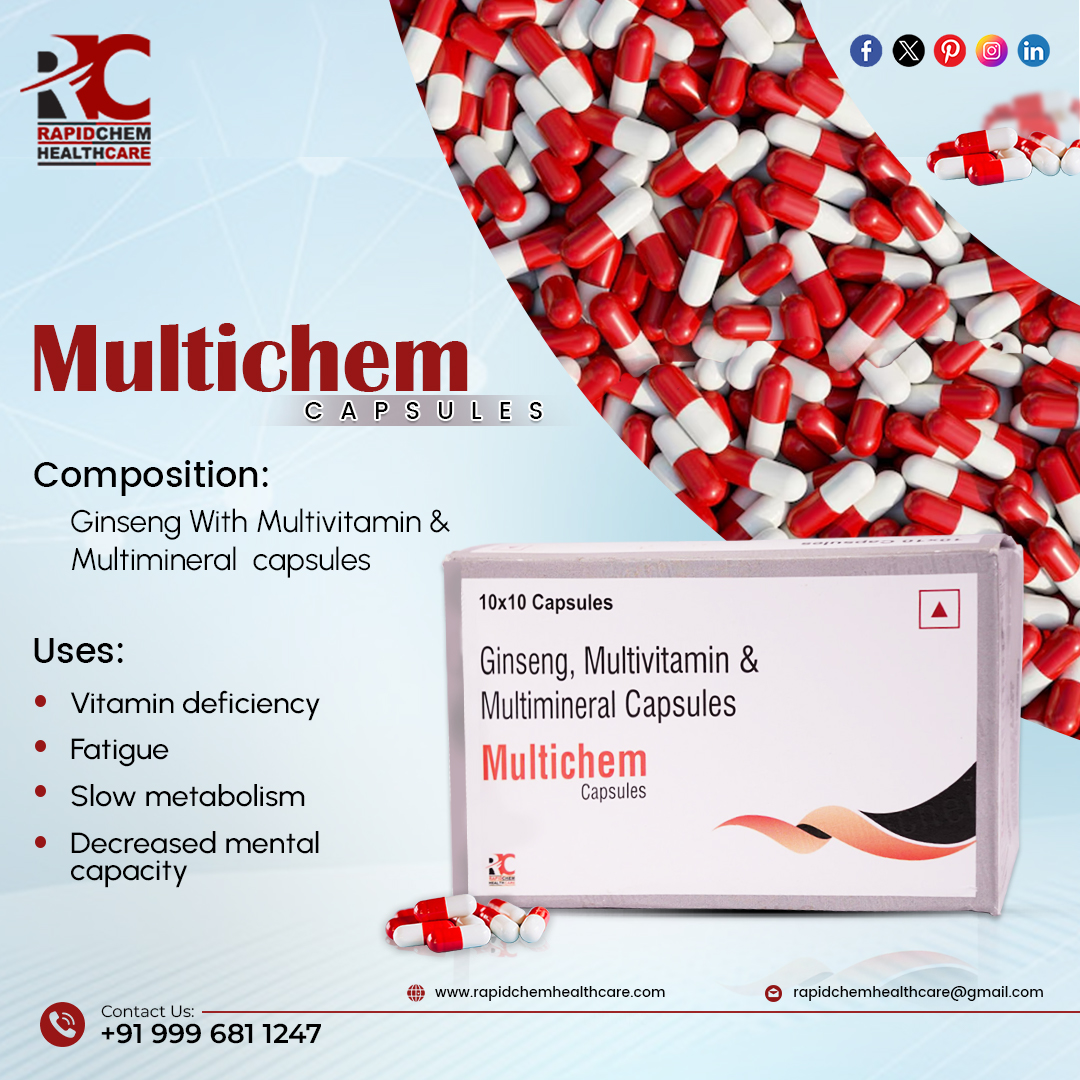 Introducing MULTICHEM CAPSULES by Rapidchem Healthcare
Used to treat Vitamin deficiency, Fatigue, Slow metabolism, and Decreased mental capacity.
#PCDPharmaFranchise #PCDPharma #chandigarh #pharmafranchisecompany #ISOCertified #suspension #isocertified #PharmaProducts #capsule