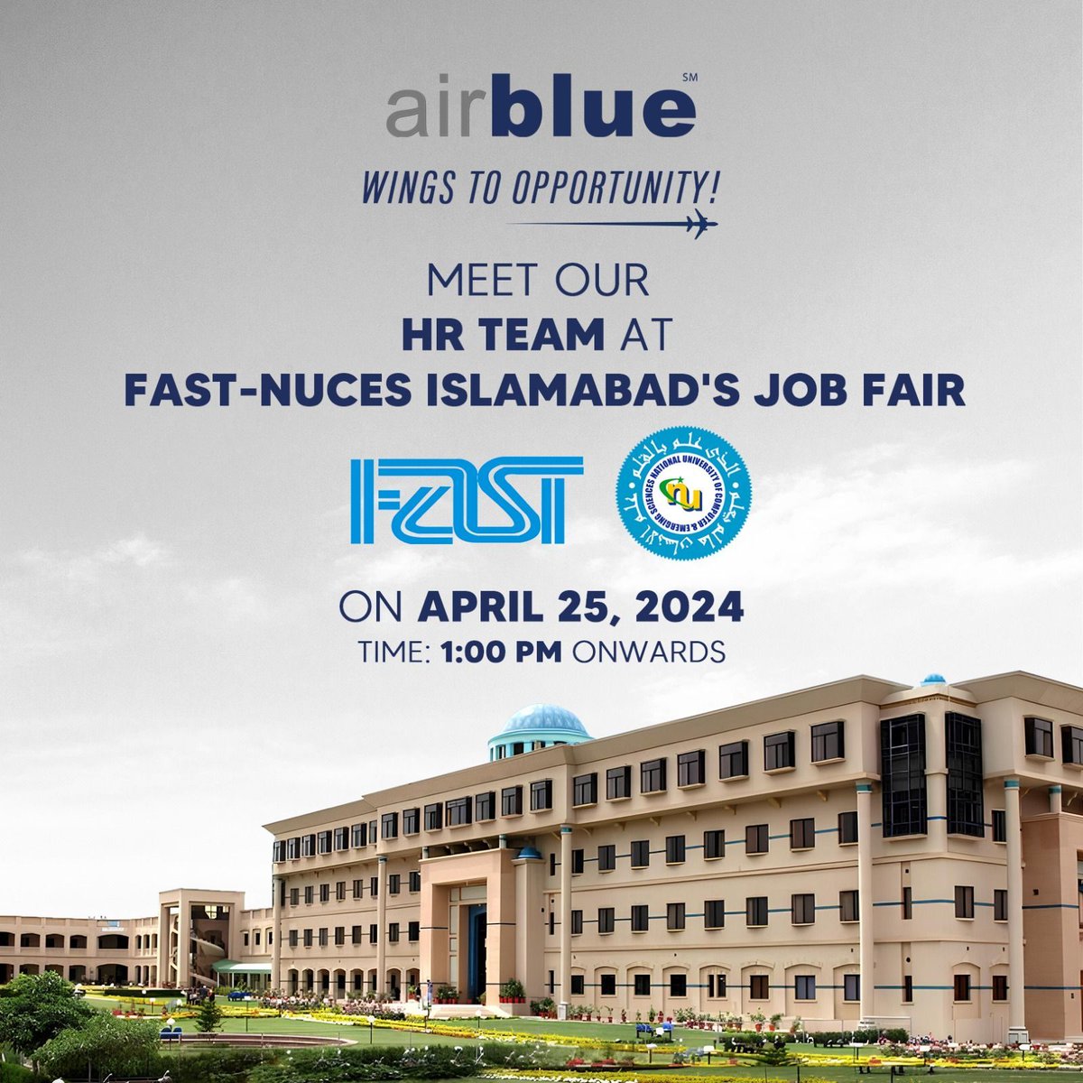 airblueairline's tweet photo. Don't miss out on your chance to shape your future!

Discover exciting career opportunities and take the first step towards a brighter future. 

See you there! 

#Airblue #Jobfair #Careerfair #IST #FASTNUCES #FAST #careerstep #jobsatairblue https://t.co/6qVpJuu1XL