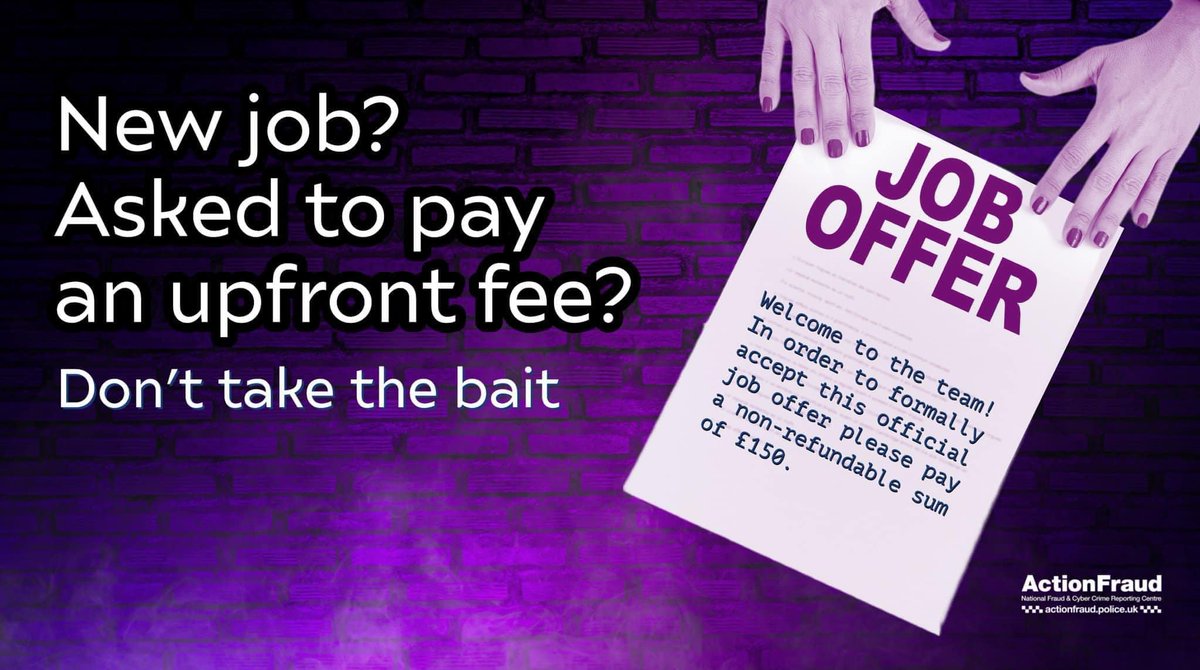 reportfrauduk's tweet photo. 🚨Watch out for fake job recruitment messages and ads.🚨

⚠️If you receive a job offer, always carry out thorough research to ensure the employer is legitimate and never pay advance fees.

🔎Spot the signs of recruitment fraud: 👇https://t.co/UDm2gtErig https://t.co/zYzGUFoHqo