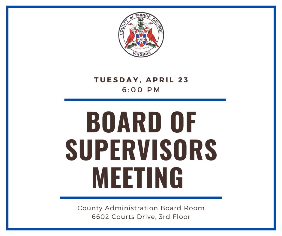 The Board of Supervisors will meet tonight at 6:00 PM in the County Administration Board Room. Public hearings will take place in the order in which they are listed on the agenda. Watch a Meeting: princegeorgecountyva.gov/live_stream/in…