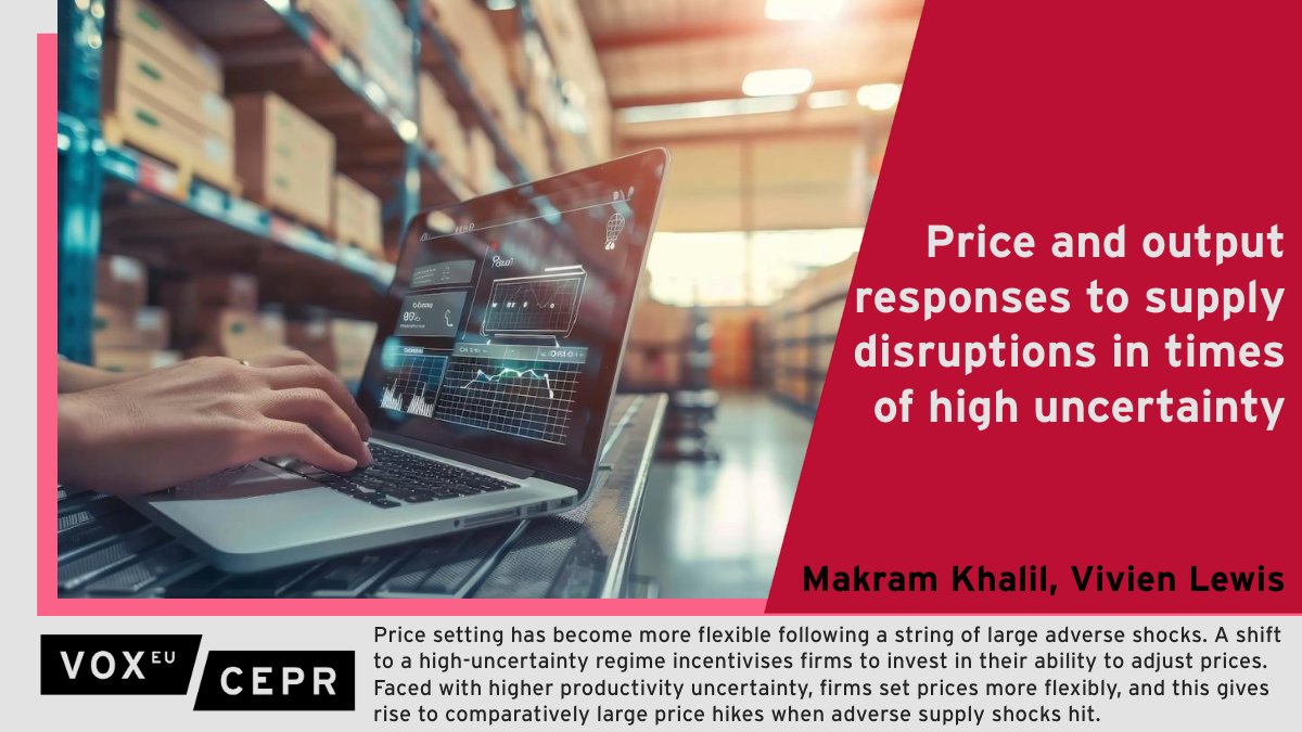 voxeu's tweet image. Faced with higher #productivity #uncertainty, firms set prices more flexibly, and this gives rise to comparatively large price hikes when adverse supply #shocks hit. 
Makram Khalil @bundesbank, Vivien Lewis @bundesbank 
ow.ly/ckpy50Rl5Pa