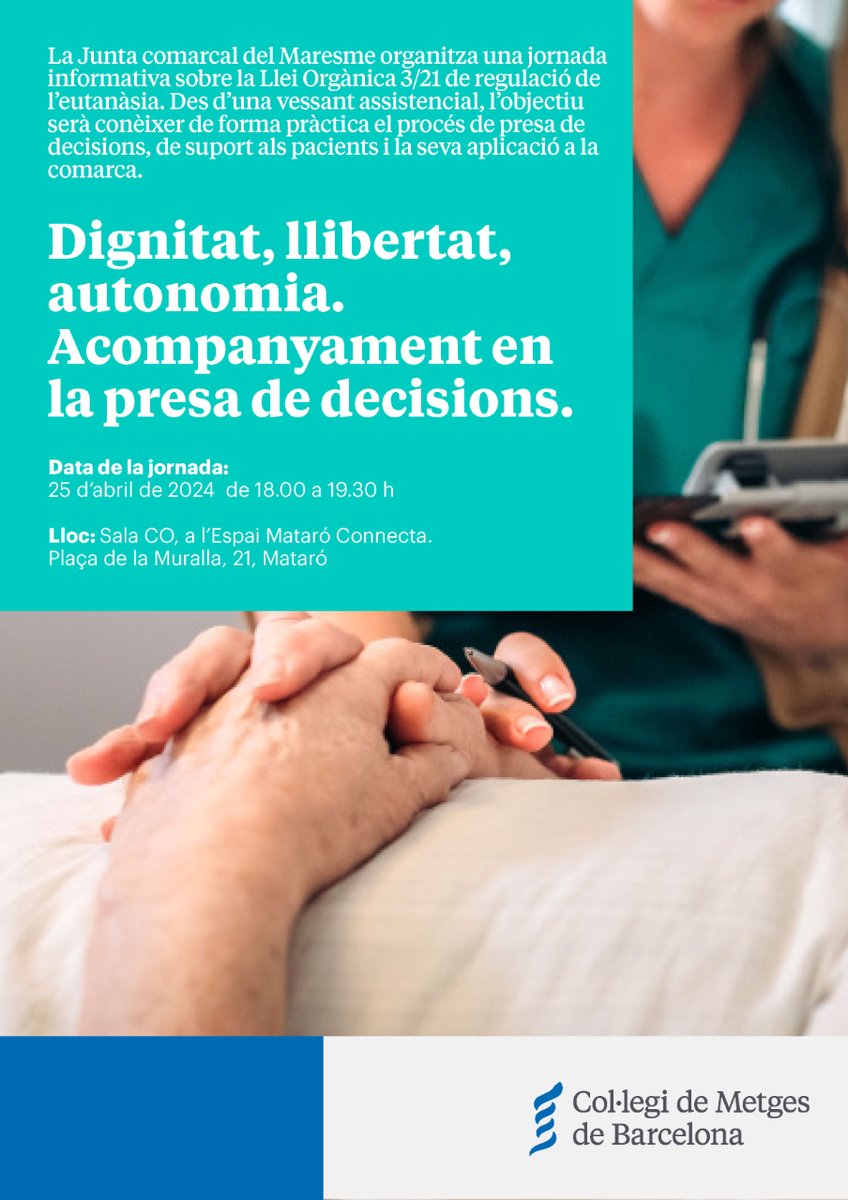 🗓️ La Junta Comarcal del Maresme organitza aquest dijous 25 d'abril la jornada 'Dignitat, llibertat, autonomia. Acompanyament en la presa de decisions' sobre l'aplicació de l'eutanàsia al Maresme.
➡️ Us esperem a les 18 h a l'Espai Mataró Connecta
comb.cat/ca/comunicacio…