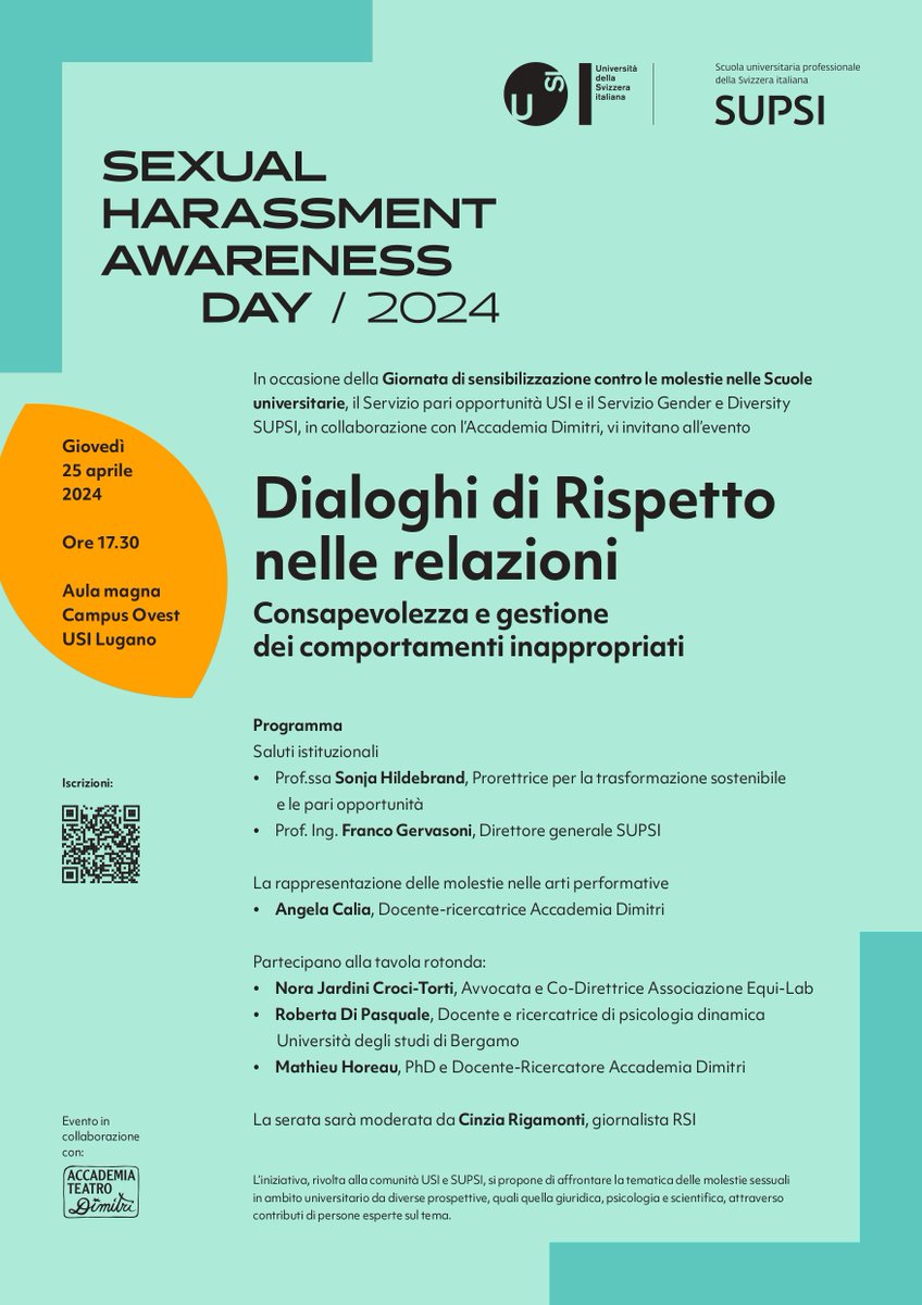 @USI_en partecipa alla campagna nazionale con uno stand che, nella giornata di giovedì 25 aprile, sarà allestito, fra le 10:00 e le 15:00, presso il Campus Ovest. Dalle 17.30 in aula magna invece l'incontro: Dialoghi di Rispetto nelle relazioni. Info: usi.ch/it/feeds/27673