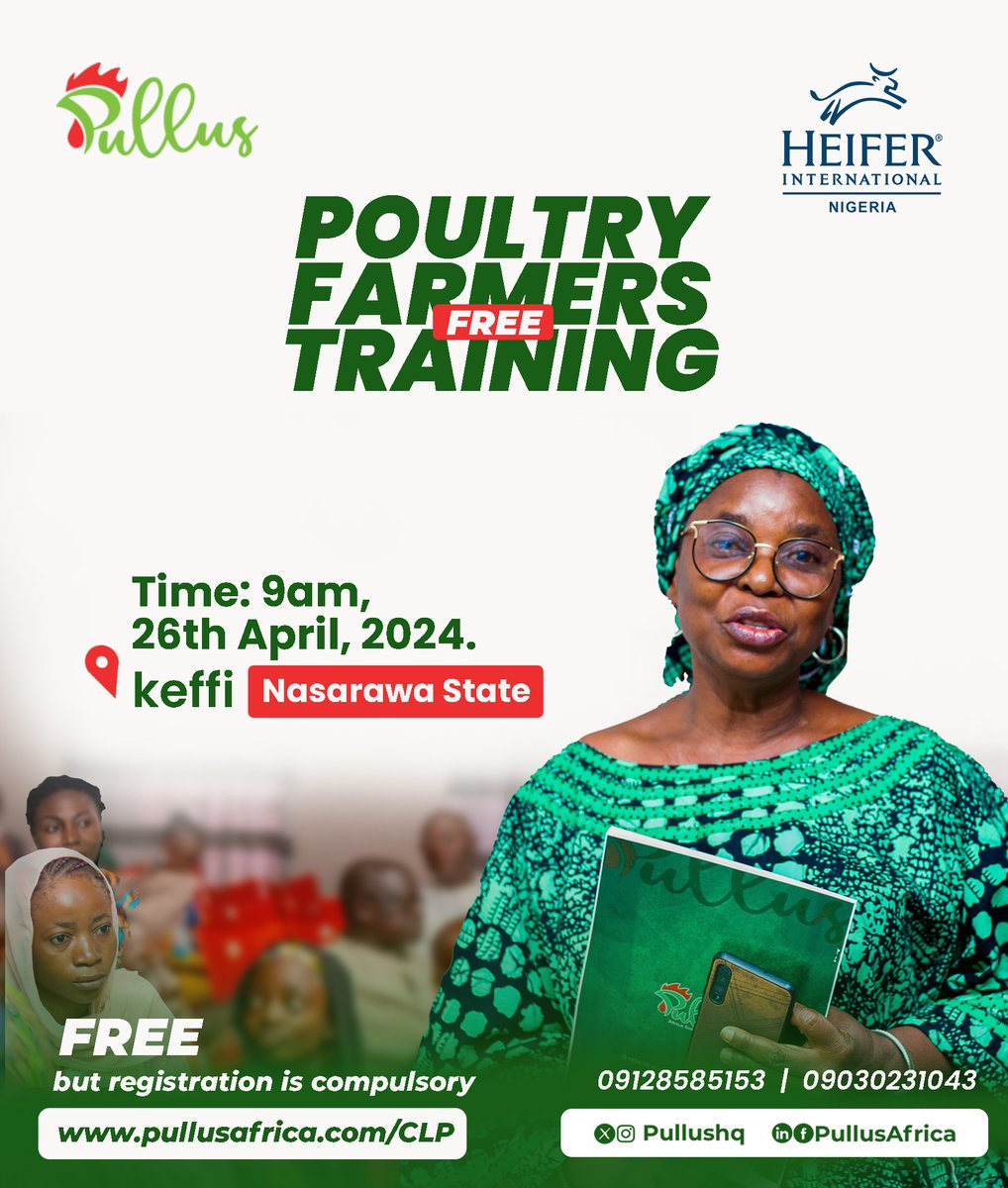Join Pullus Africa and Heifer Nigeria for Poultry Farmers Training in Keffi, Nasarawa State. Gain vital skills, resources, and networking opportunities. Register free at pullusafrica.com/CLP. #PullusAfrica #HeiferNigeria #FarmersTraining #KeffiNasarawa #RegisterNow