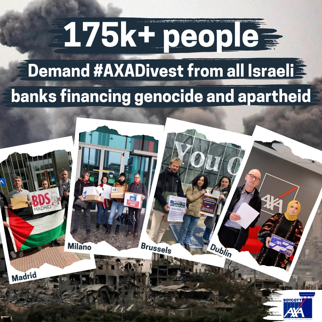 As @AXA holds its AGM, activists across Europe hand delivered a petition by @Eko_movement signed by over 175k people. The petition calls for #AXADivest from all Israeli banks, which finance Israel's apartheid and genocide against Palestinians. loom.ly/f9nA0L8