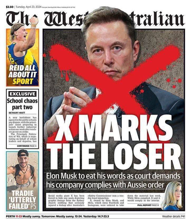 Elon Musk/ X vs. AUSTRALIA war The West Australian called Musk a loser: Australian media declared war on the Twitter owner after he criticized Australian Prime Minister Albanese. An Australian court ordered Twitter to remove video of the terrorist attack in Sydney.