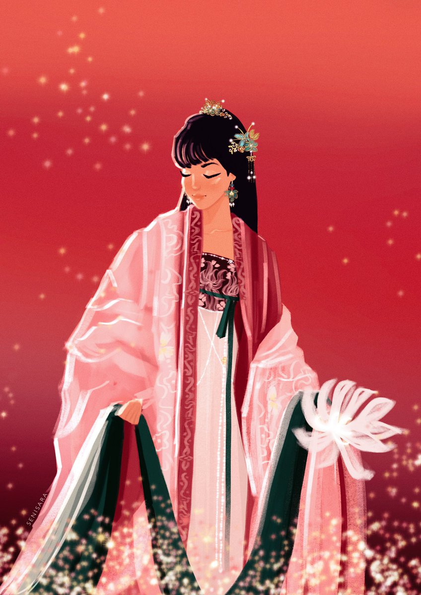 nsarahr90's tweet photo. SHE’S DONE ❤️❤️❤️🥹🥹 SO PROUD OF THIS PIECE. I especially enjoyed drawing her head piece and earring 🥰🥰 can you see the details?! calling her Morganite after the Gem &amp; she’s donning a Hanfu (there were a lot of pretty ones to choose from I may just start a whole new series) https://t.co/PH7MHyX2fR