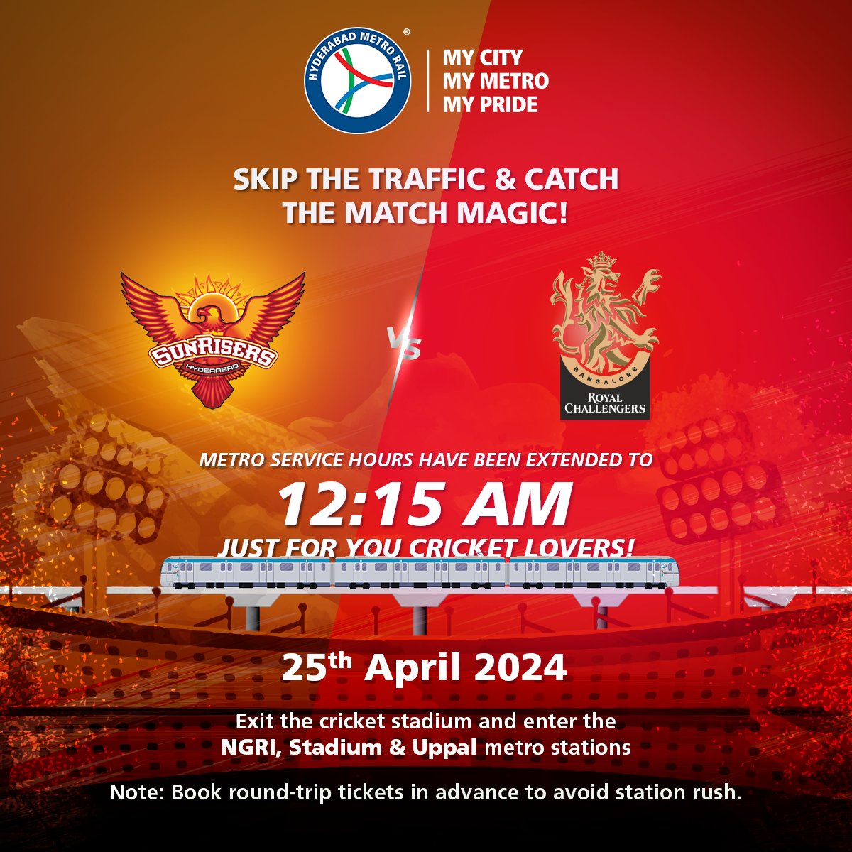 Attention Metro Riders! In light of the IPL cricket match at Rajiv Gandhi International Cricket Stadium in Uppal on 25/04/24 (Thursday), we've got some exciting news! Metro trains will be running beyond their scheduled closing hours. The last trains will depart from their