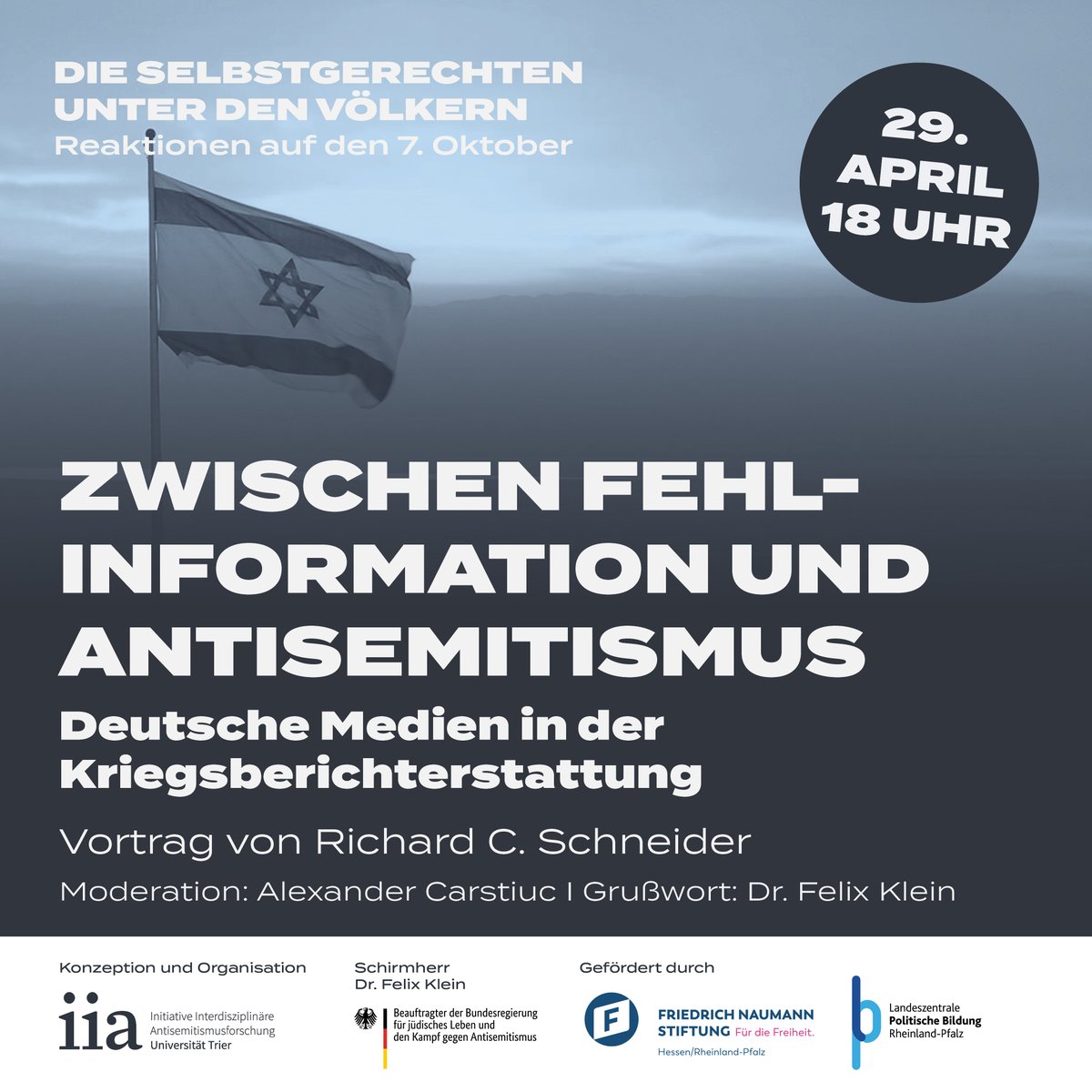 📅 Am 29. April um 18 Uhr findet der dritte Teil der Vortragsreihe „Die Selbstgerechten unter den Völkern Völker – Reaktionen auf den 7. Oktober“ (@lpb_rlp) statt. @rc_schneider wird über die Berichterstattung deutscher Medien über #Israel, #Hamas und den 7. Oktober sprechen.