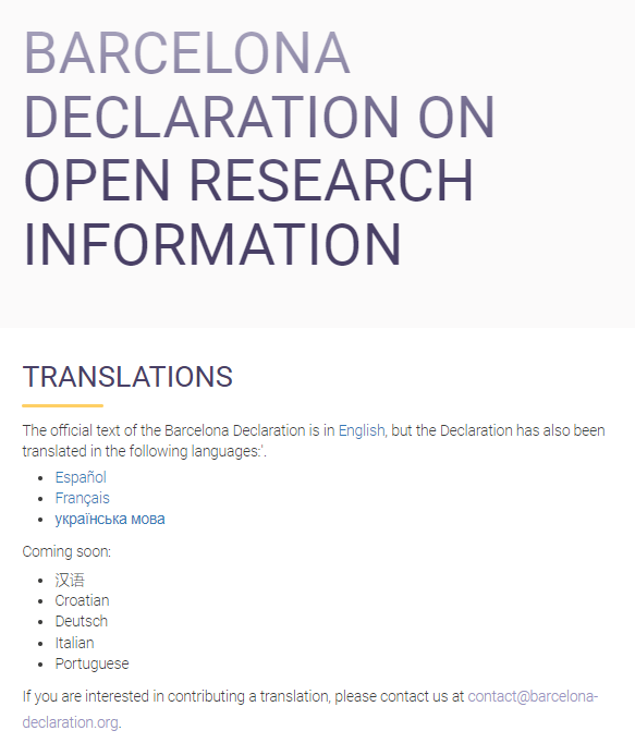 @laurarovelli @_CLACSO @UNESCO @OECD @LudoWaltman announces that the Barcelona Declaration on #OpenResearchInformation is already available in French 🇫🇷 Spanish 🇪🇸 and Ukrainian 🇺🇦, in addition to English
➡️barcelona-declaration.org/translations

Coming soon: 汉语; Croatian; Deutsch; Italian; and Portuguese!