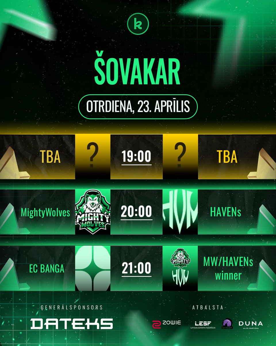 esportaliga's tweet photo. He-he, šovakar būs karsti!🌶️

🟡 19:00  🇱🇻#TBA vs #TBA🇱🇻
🟢 20:00 🇱🇻#MightyWolves vs #HAVENs🇱🇻
🟢 21:00  🇱🇻#ECBANGA vs MW/HAVENs https://t.co/c4nPKmBsKI