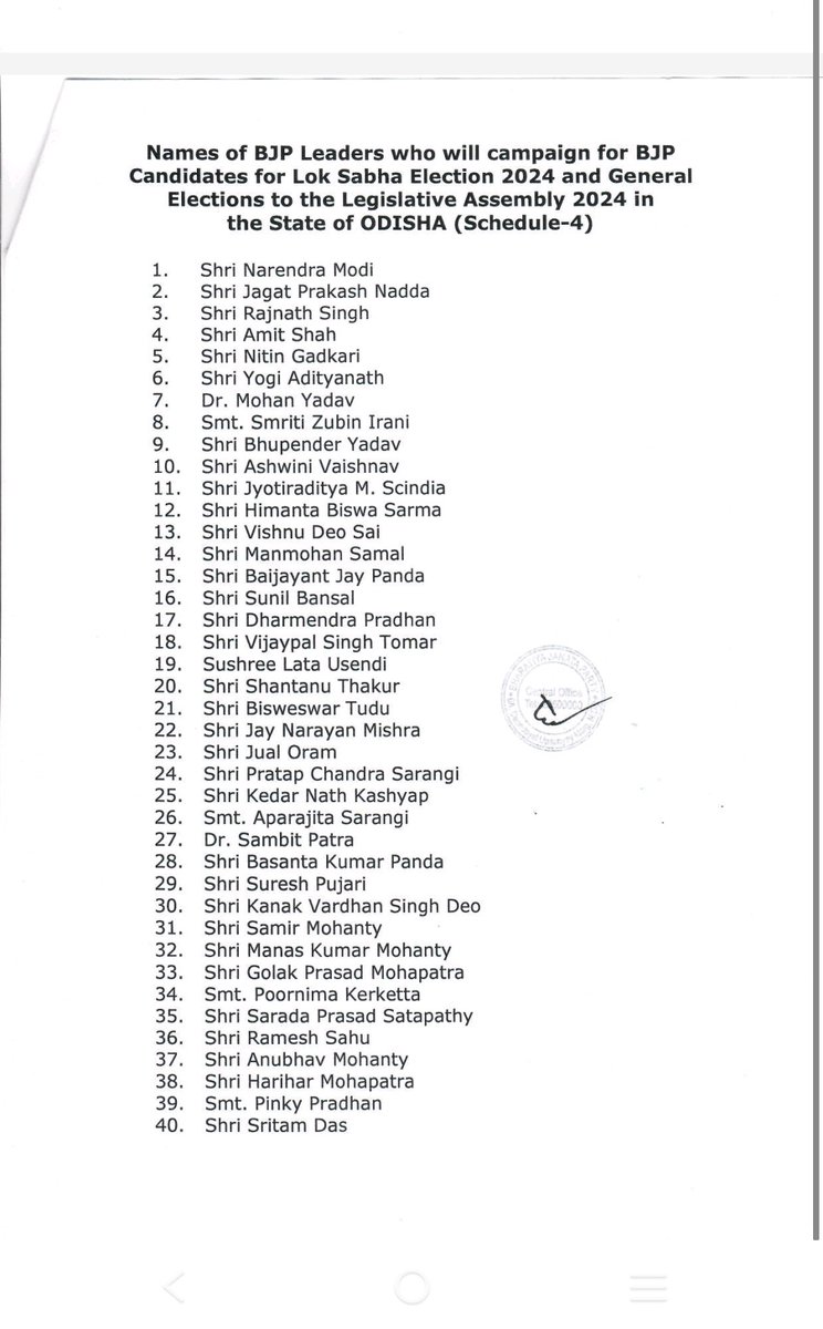 BJP releases 40 star campaigner list for Odisha. Among 40 leaders Star Anubhav Mohanty to play pivotal role in the party's campaign strategy.