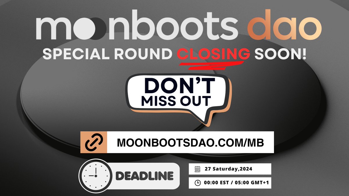 MoonbootsDao's tweet photo. 🚨 Moonboots DAO Special Round Closing Soon! 🚨

Don't miss out! https://t.co/9xYloQE2I0

⏰ Deadline: 00:00 EST / 05:00 GMT+1, Saturday, 27th April
🎉 Participation: Over 850 new DAO members
💰 Funds Raised: Over $2.4M
🌐 Join one of web3's top decentralised VCs to always be early!

🚀 DAO Investments during raise include: Gaimin, Bitsmiley, Lingo, Aethir Cloud & Cookie3

📢 Stay tuned for public rounds with select partners and our upcoming $MBDAO TGE date. Let's grow together! 🌱

#MoonbootsDAO #web3 #VC #blockchain #crypto