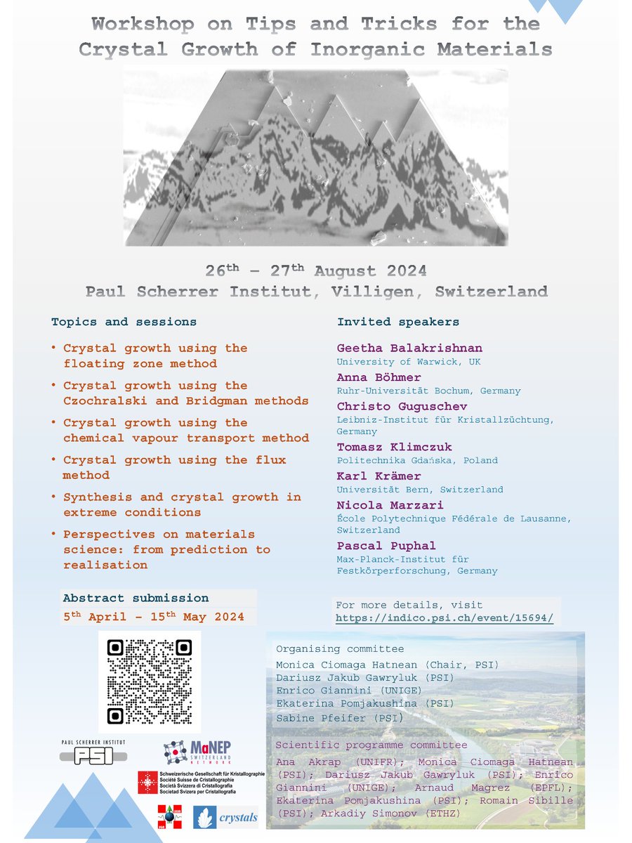 ❗ To all experts of Solid State Chemistry and Condensed Matter Physic: the call for abstracts for the Workshop on “Tips and Tricks for the Crystal Growth of Inorganic Materials” on 26-27 August at PSI is open until 15 May. 👉brnw.ch/21wJ5kB