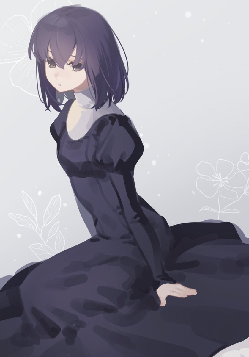 1girl solo breasts looking at viewer short hair long sleeves dress  illustration images