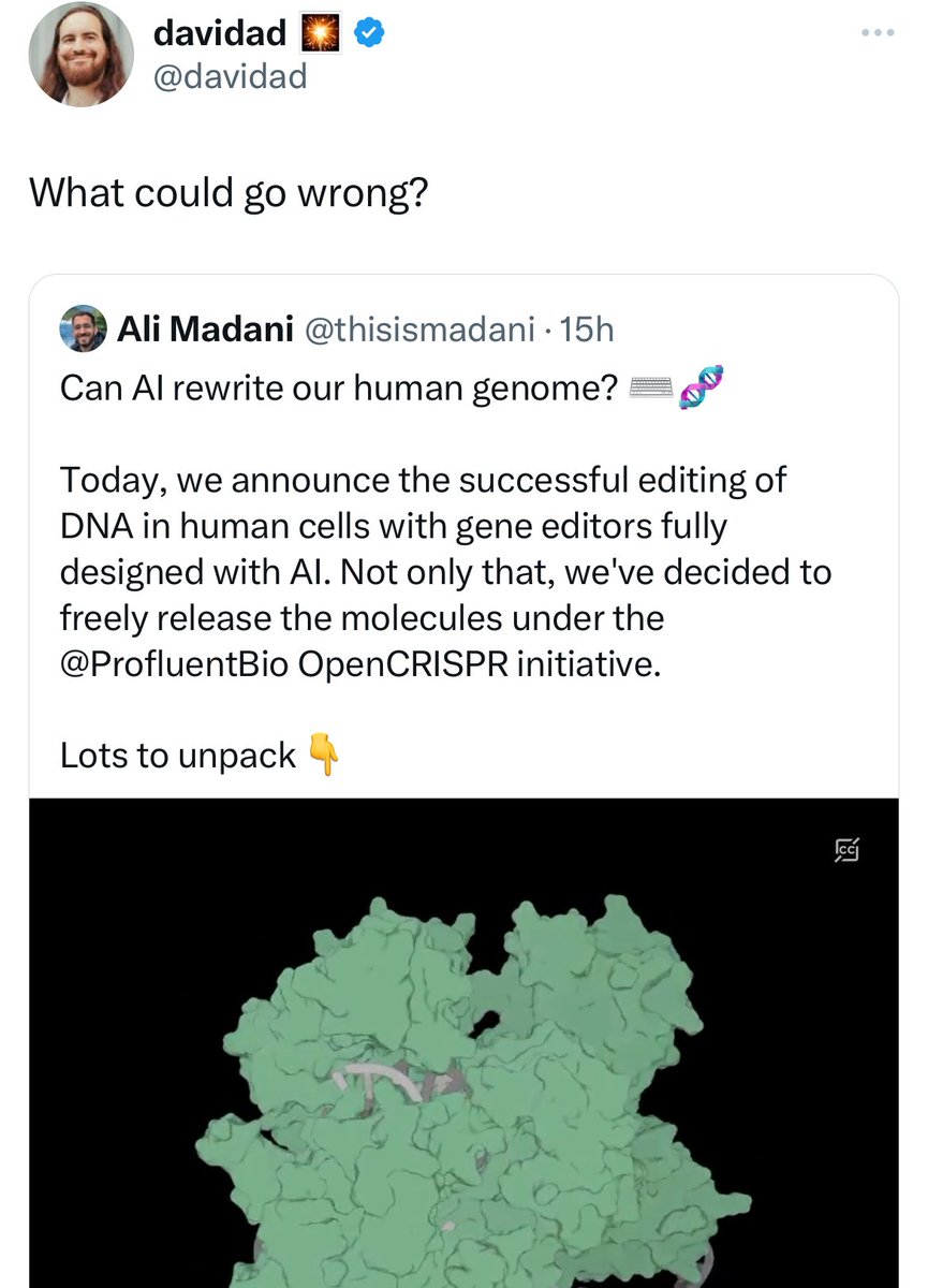 As @anshulkundaje pointed out, the original paper is great, but it's not actually the case that 'AI can rewrite our human genome.' I believe a lot of doomerism is born at the intersection of overly optimistic claims that domain experts know to not take literally and ppl without