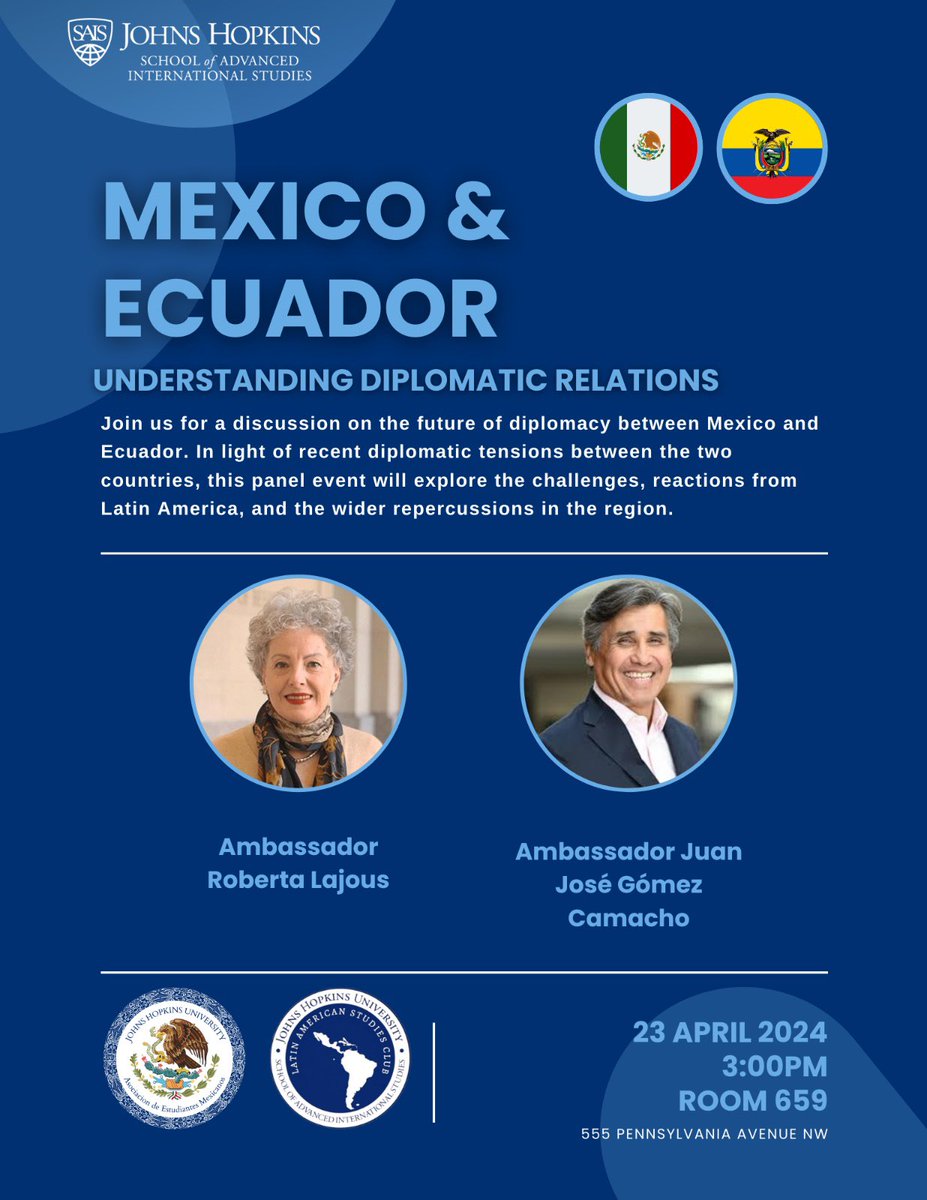 Join us for a discussion on the future of diplomacy between Mexico and Ecuador. In light of recent diplomatic tensions between the two countries, this panel event will explore the challenges, reactions from Latin America, and the wider repercussions in the region 🇲🇽🇪🇨