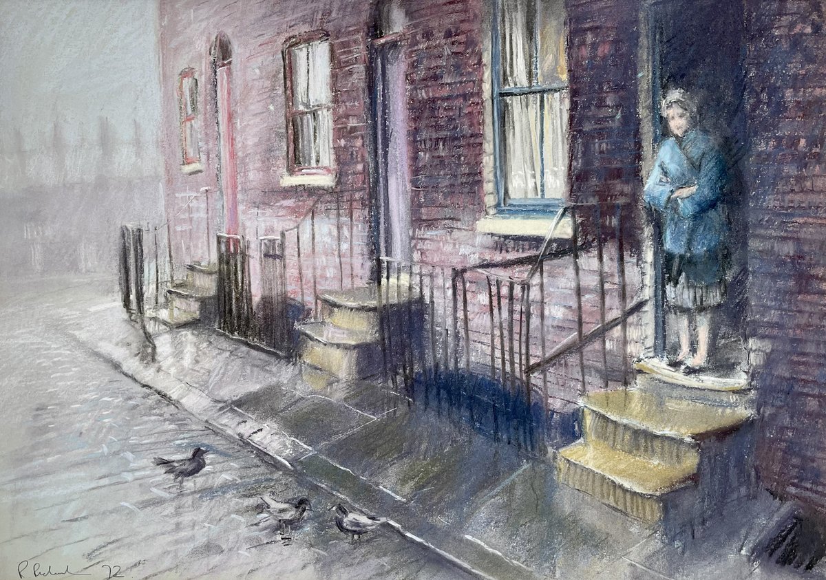 Feeding the Pigeons, by Bob Richardson (b.1938 in Salford). #NorthernArt