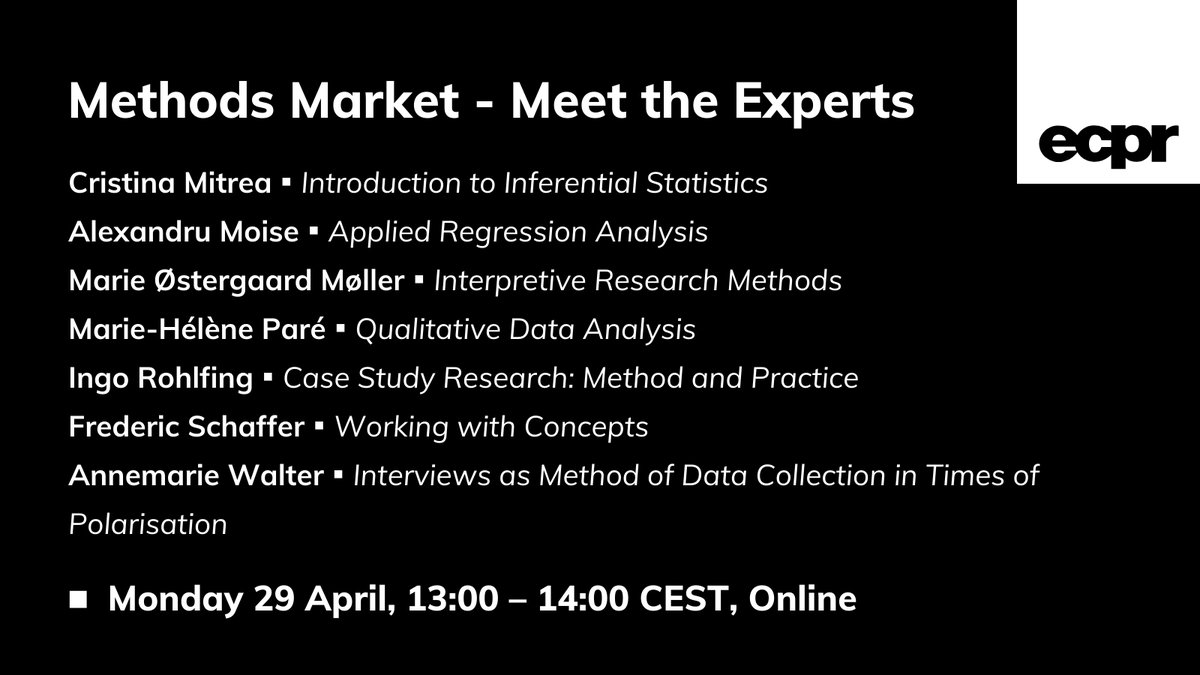 ECPR's tweet photo. Need guidance on research design, execution, or data analysis? 🔜 Join #ECPRMethodsMarket on Mon 29 Apr ⤵️
✨ Tailored advice from top methodologists
✨ A taster of our online summer programme
✨ Exclusive £50 off your #ecprss24 course
✍️ Register FREE https://t.co/bhhEoVdEEw https://t.co/lPKXqeMTuV