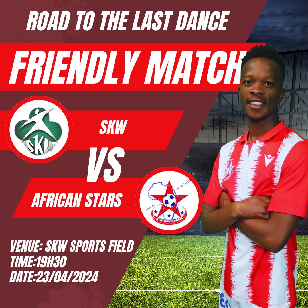 -Excited for tonight's friendly match between African stars and SKW! 

-Join us at SKW Sports Field at 19h30 for some friendly football action! 

See you there!

#AfricanStars #SKW #FriendlyMatch #okaserandu