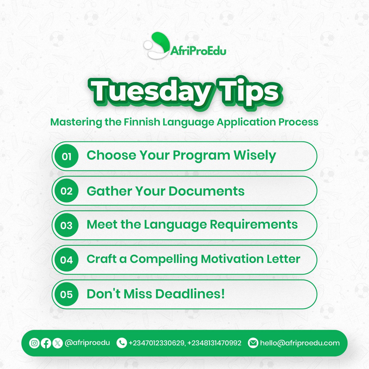 Ready to start the Finnish journey? Registration ongoing for waiter/waitress, cleaning, and practical nursing courses. 
DM or email us at hello@afriproedu.com.
#StudyInFinland #FinnishEducation #ApplicationProcess #Afriproedu #EducationForAfrica #studyabroad2024 #AcademicGoals