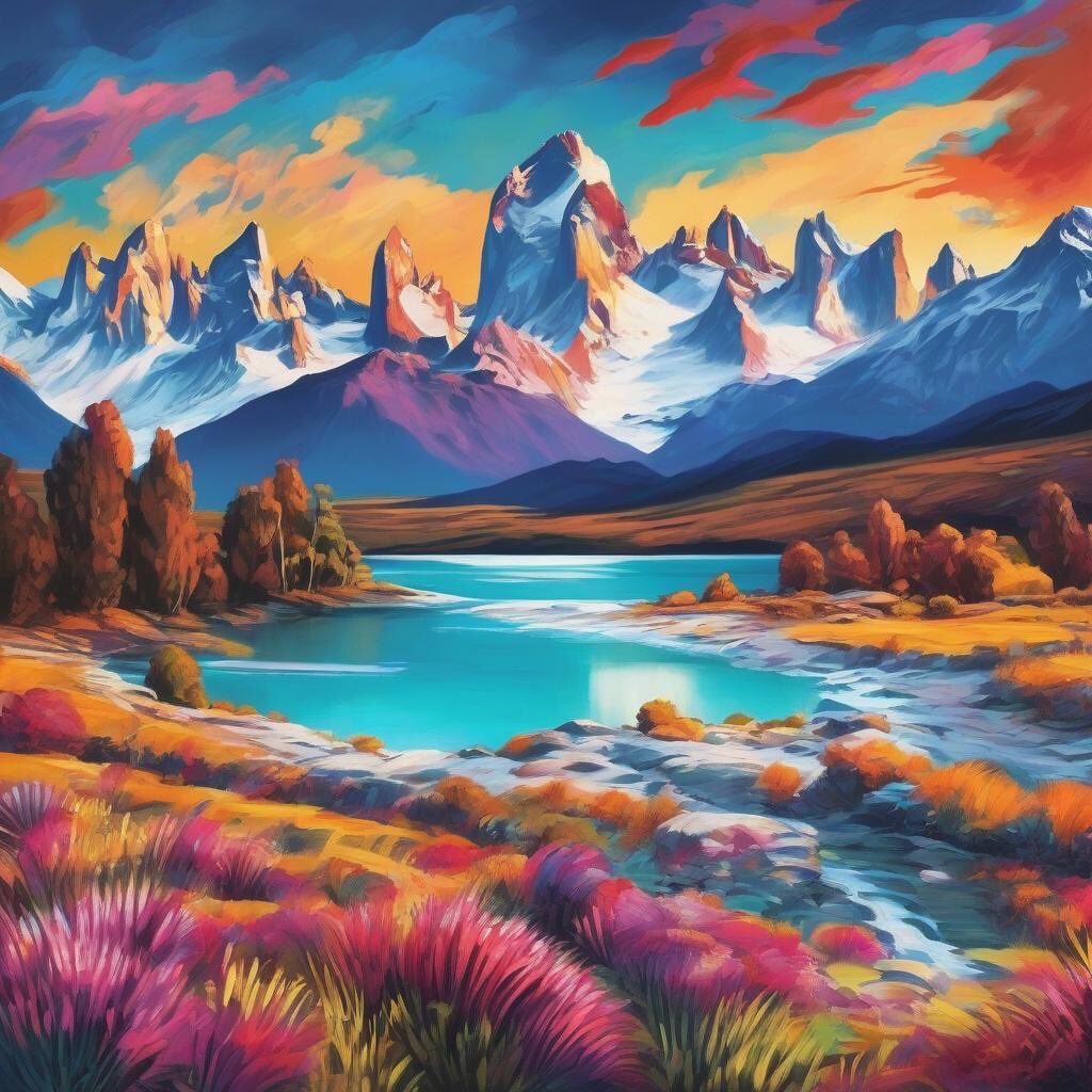 Painting showcasing the diverse landscapes of Argentina including the Andes mountains, Pampas grasslands and iconic landmarks like the Perito Moreno Glacier 🇦🇷 

#aiart