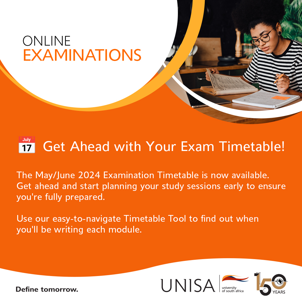 Get Ahead with Your Exam Timetable! The May/June 2024 Examination Timetable is now available. ow.ly/9B4h50Rm3bu
 
#May/June24 #ExamPrep #CircleOfExcellence #Unisa