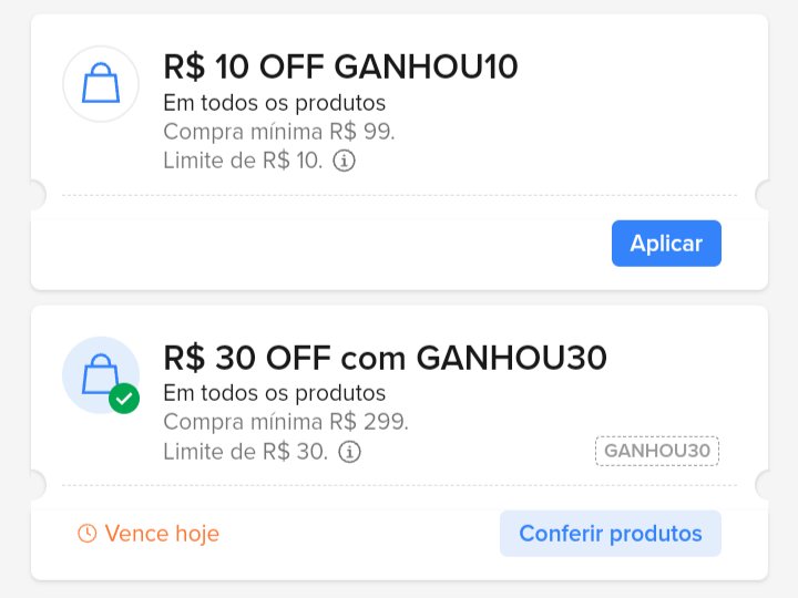 CUPONS MERCADO LIVRE ✨💛

R$ 10 OFF em compras acima R$ 99 
Cupom: GANHOU10 🏷️

R$ 30 OFF em compras acima R$ 299 
Cupom: GANHOU30 🏷️

⤵️ Resgate aqui: 
🔗mercadolivre.com/sec/1yB9YYv