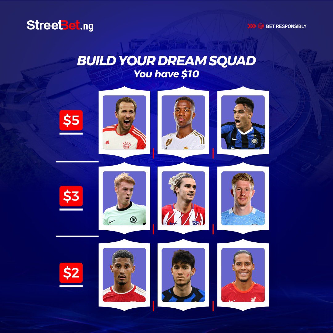 StreetBet_ng's tweet photo. Assemble your Dream squad with $10 in your bank! ⚽ it's all about teamwork and strategy. Who would you pick for your soccer dream team?
#StreetBet #soccersquad⚽️ https://t.co/tiEhMflt1P