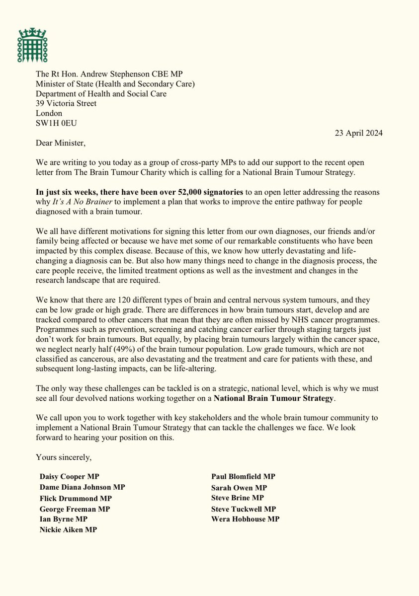 Receiving a brain tumour diagnosis can be utterly life-changing. Limited treatment options & research are still barriers to improving the diagnosis process 🧠 I've added my name to a cross-party letter in support of @BrainTumourOrg's call for a National Brain Tumour Strategy 👇